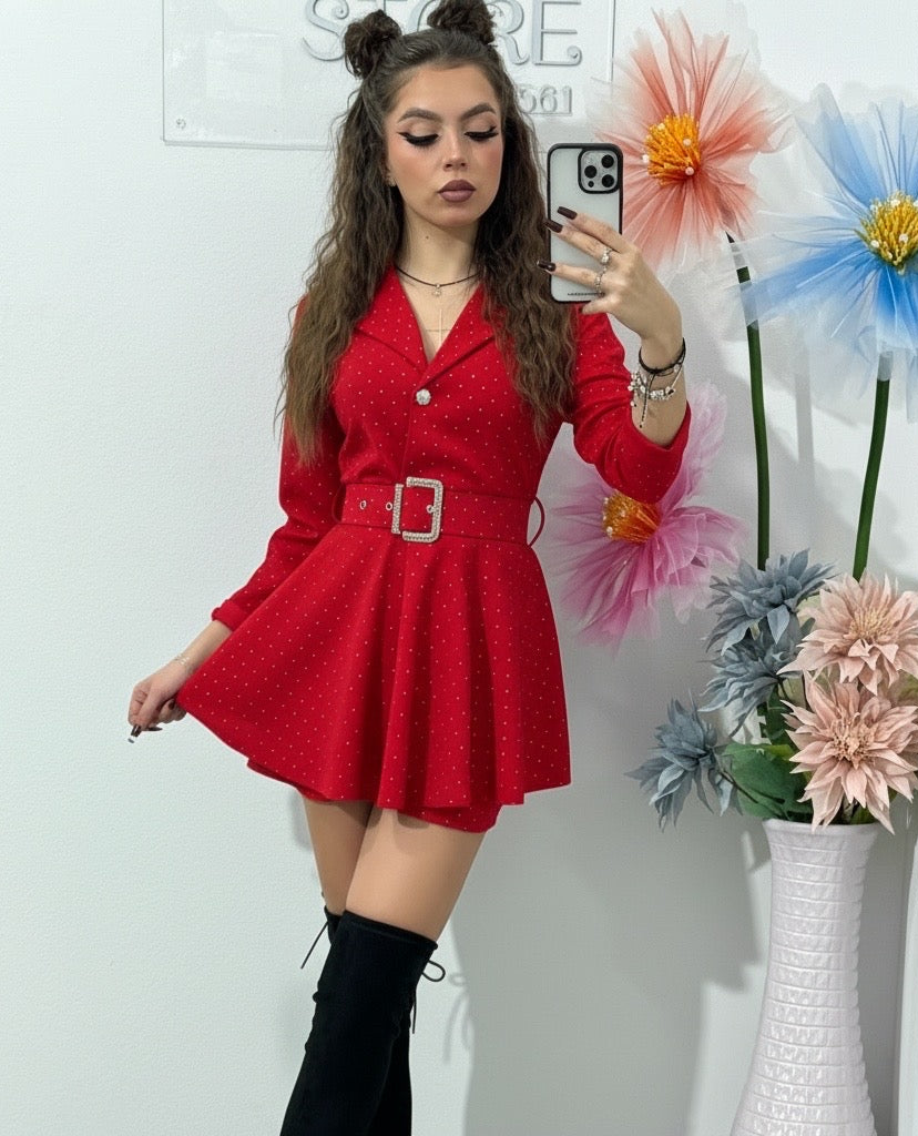 Salopetă roșie cu cristale și curea LAURA