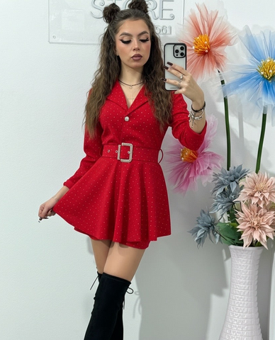 Salopetă roșie cu cristale și curea LAURA