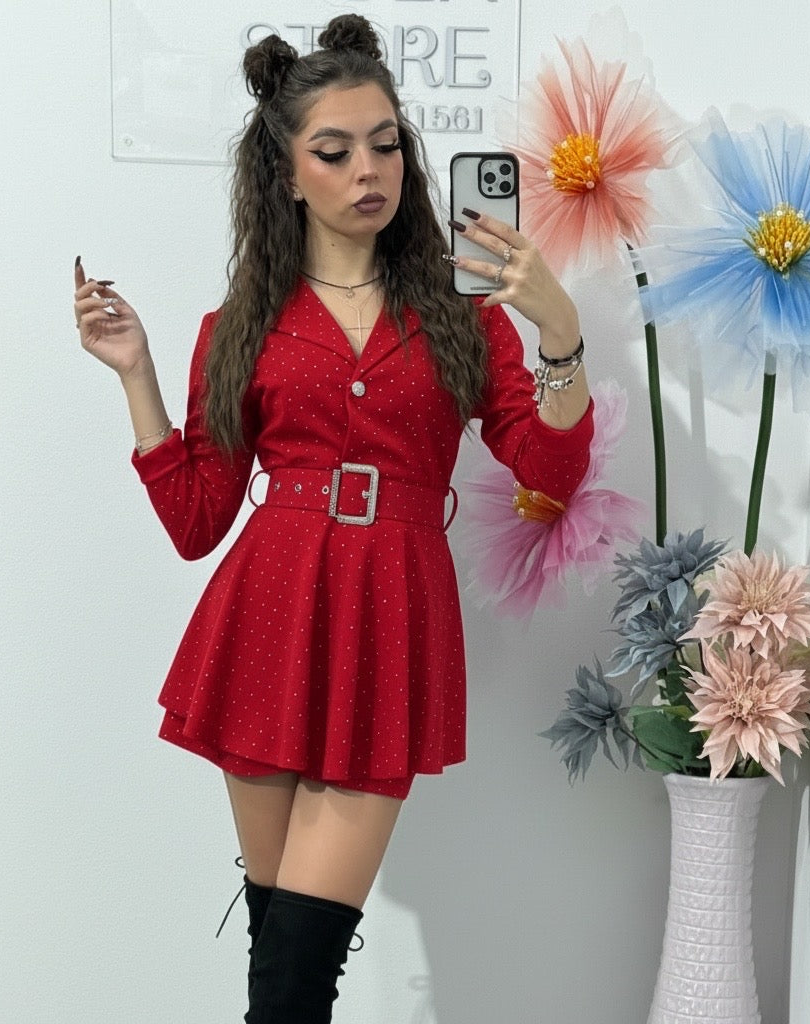 Salopetă roșie cu cristale și curea LAURA