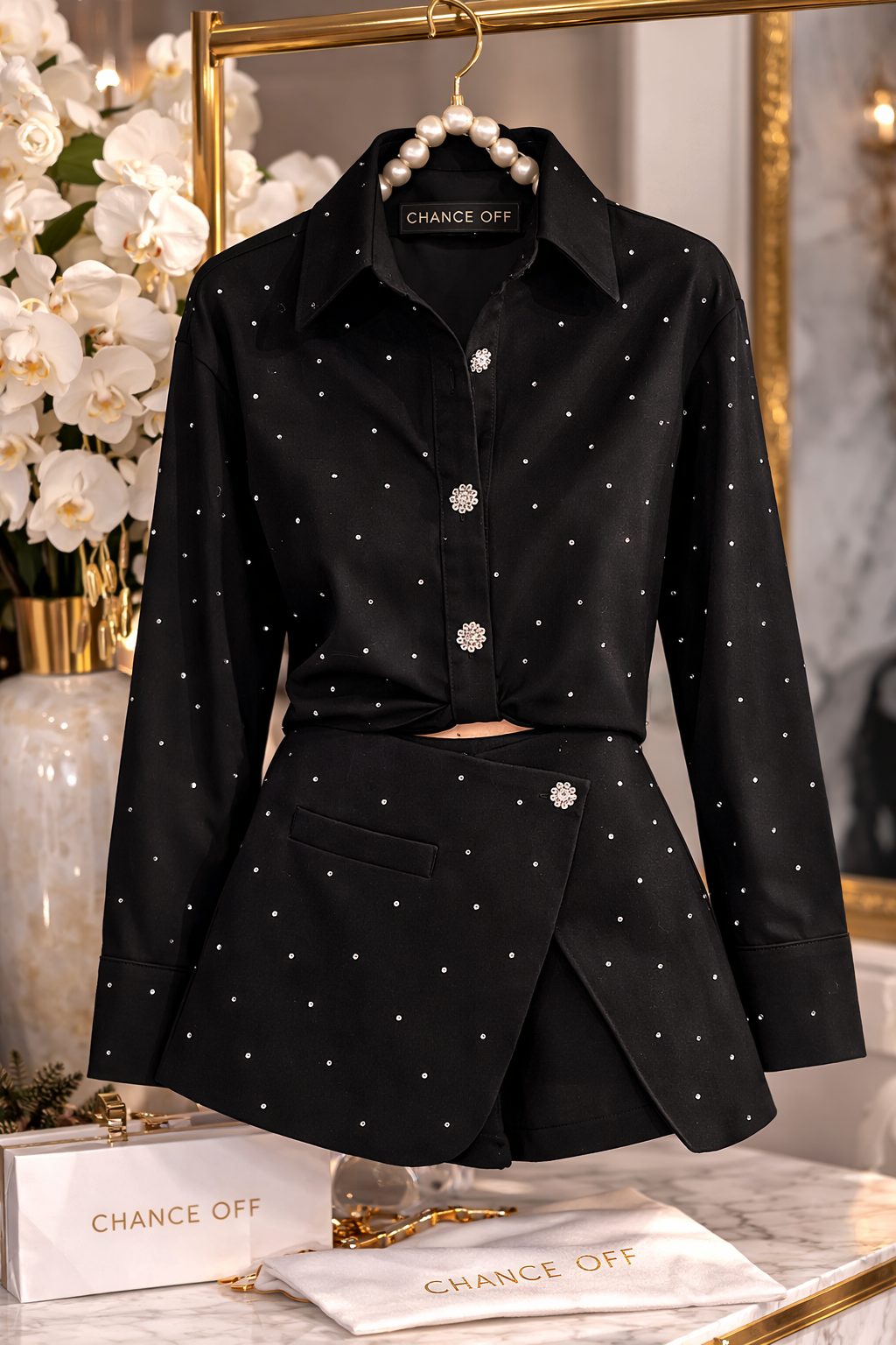 Compleu damă elegant 2 piese – Cămașă cu nasturi decorativi și fustă pantalon