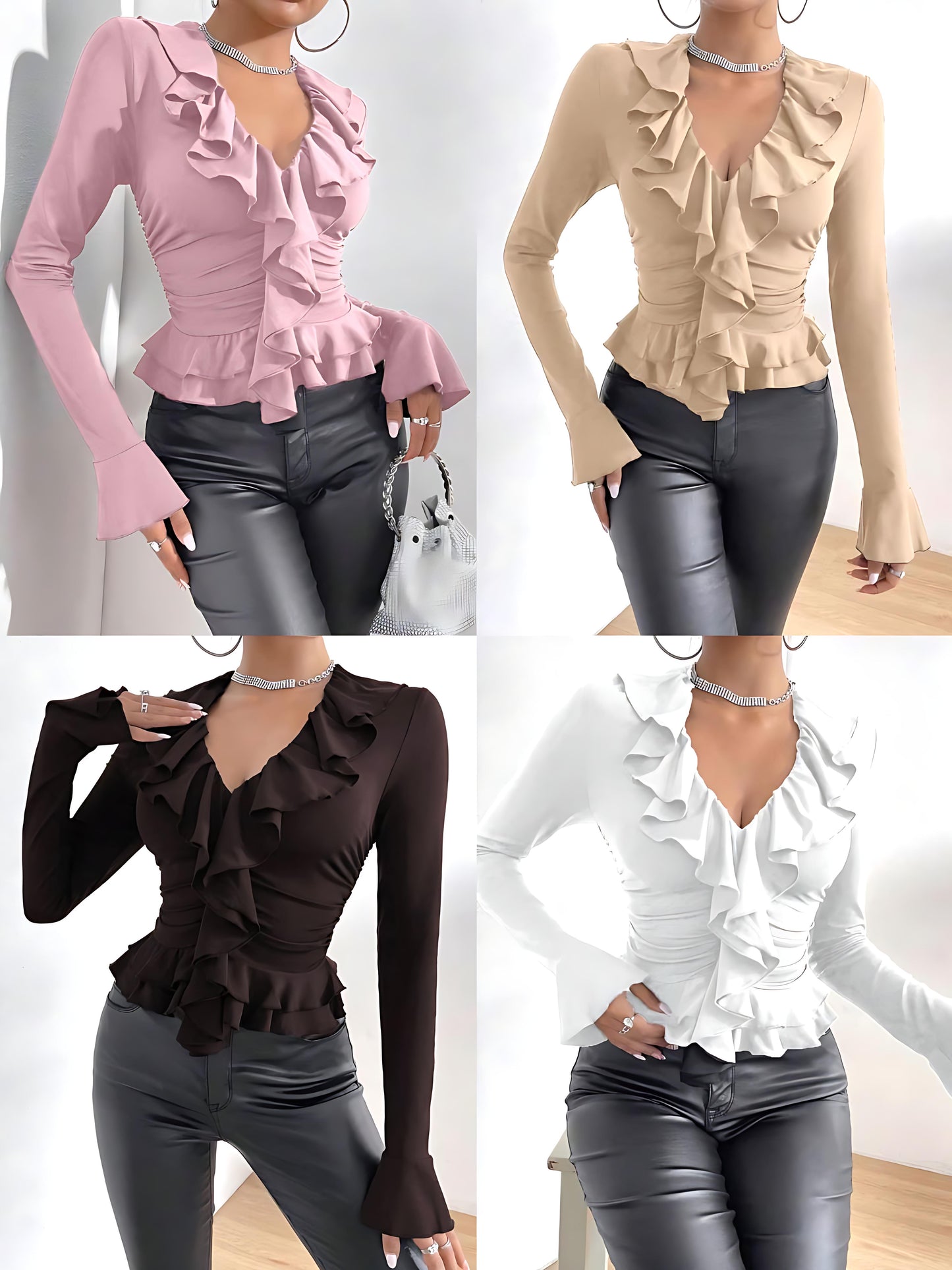 Bluză elegantă damă cu volane, decolteu în V și croială cambrată – stil feminin modern