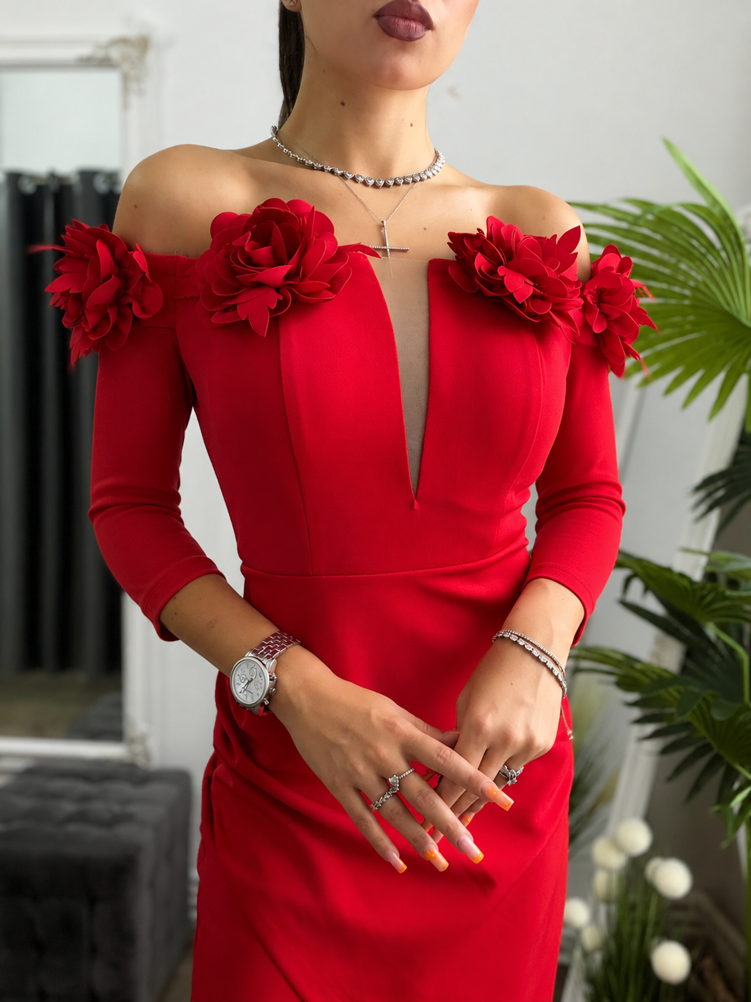 Rochie midi rosie cu maneca 3/4 Maria
