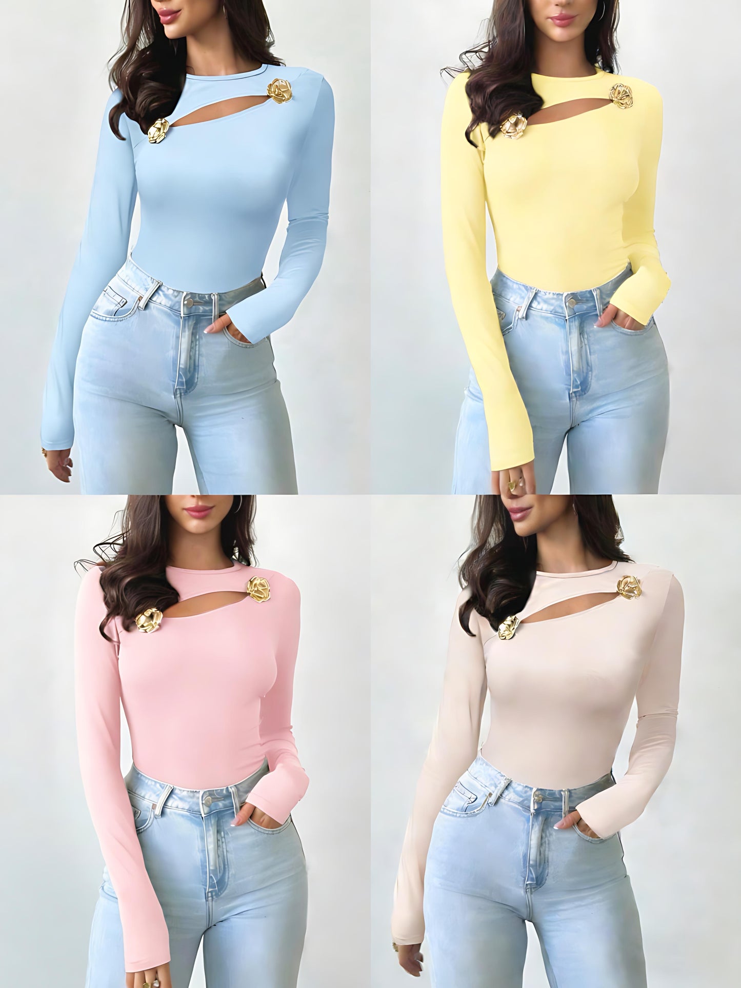 Bluză damă chic cu decupaj la decolteu și aplicații metalice aurii