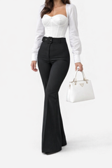 Pantaloni Damă Evazați Negri cu Talie Înaltă și Curea – Eleganță Modernă