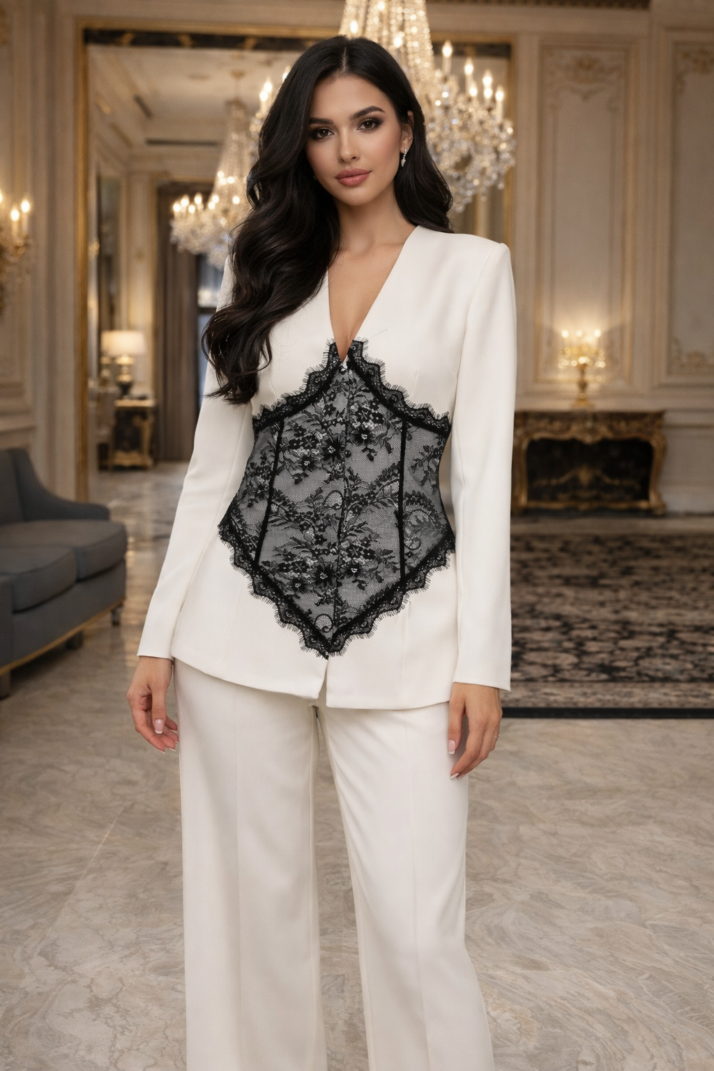 Sacou damă elegant cu inserții din dantelă | Alb & Negru