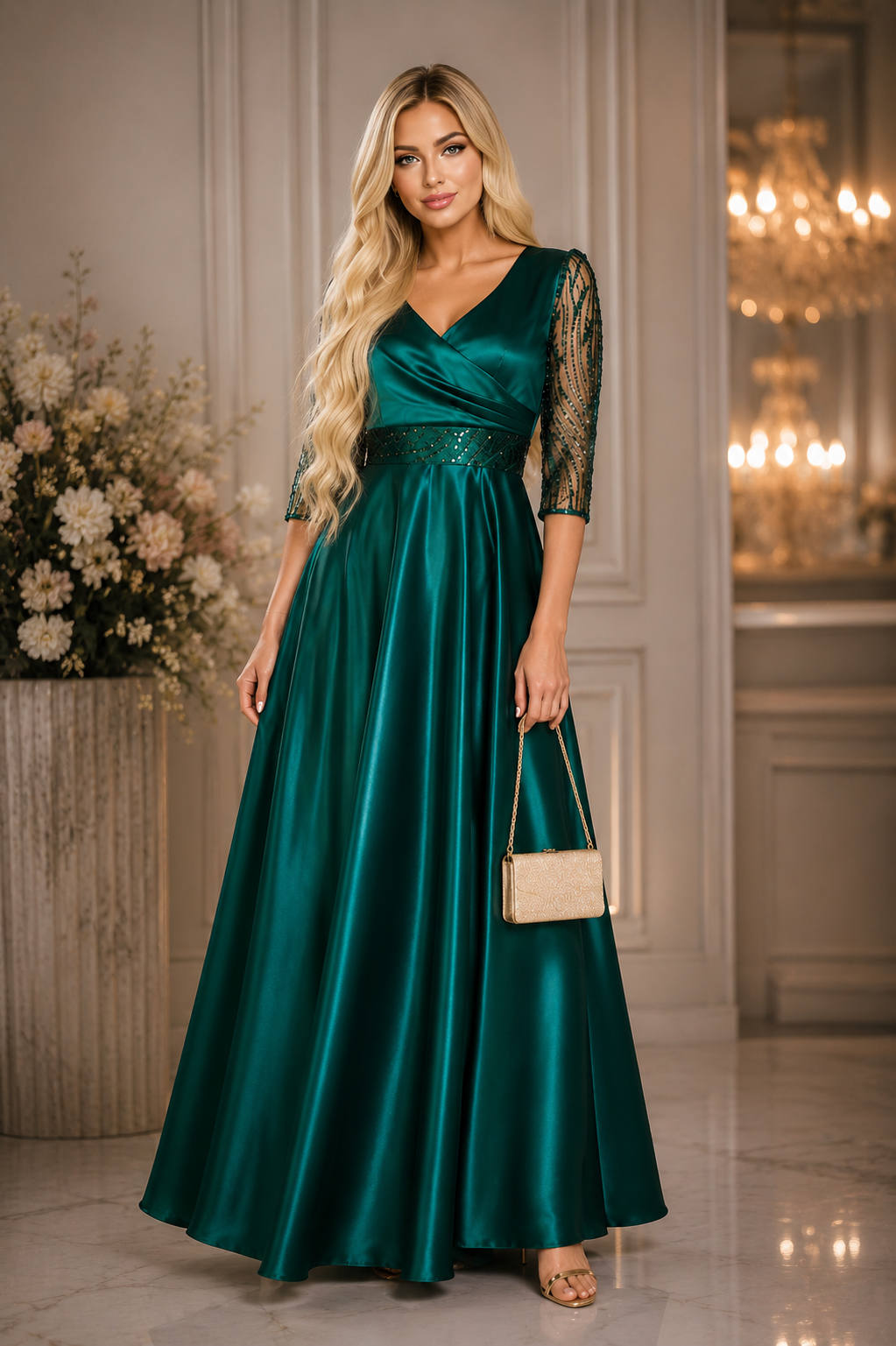 Rochie lunga eleganta din tafta verde smarald si maneci din dantela brodata Adria