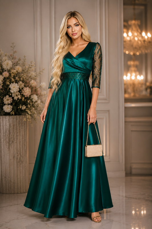 Rochie lunga eleganta din tafta verde smarald si maneci din dantela brodata Adria