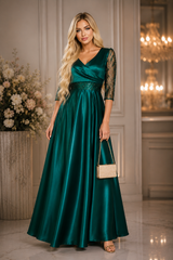 Rochie lunga eleganta din tafta verde smarald si maneci din dantela brodata Adria