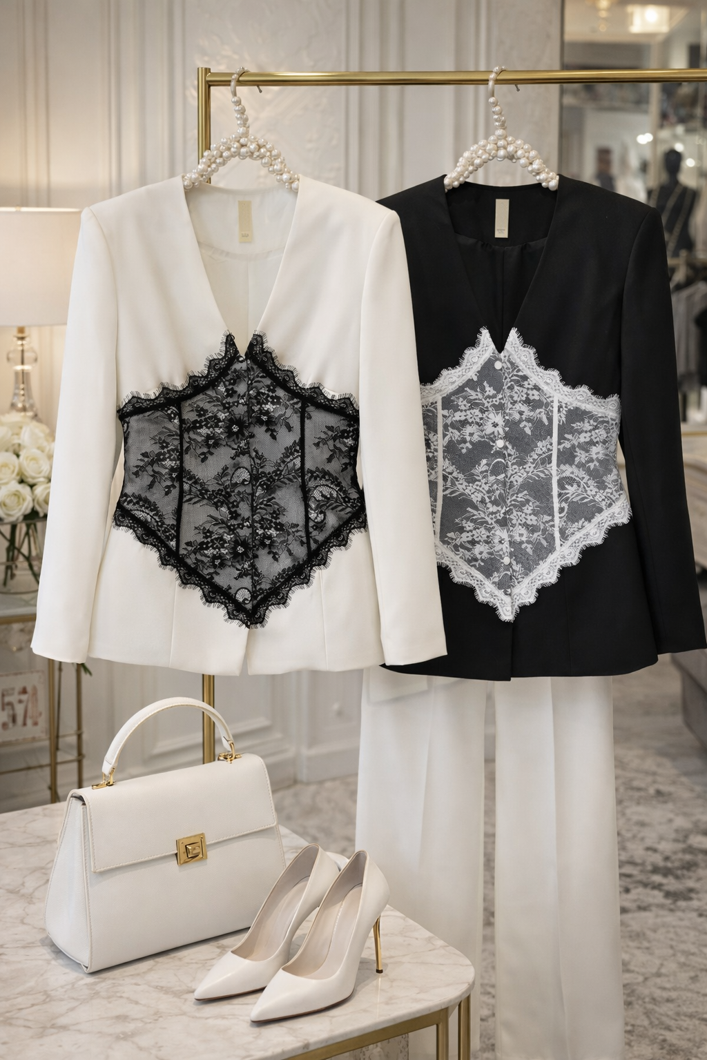 Sacou damă elegant cu inserții din dantelă | Alb & Negru