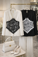 Sacou damă elegant cu inserții din dantelă | Alb & Negru