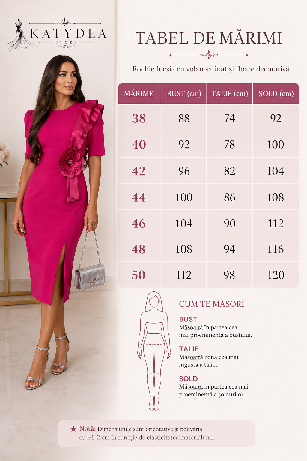Rochie fucsia cu detalii din satin si floare