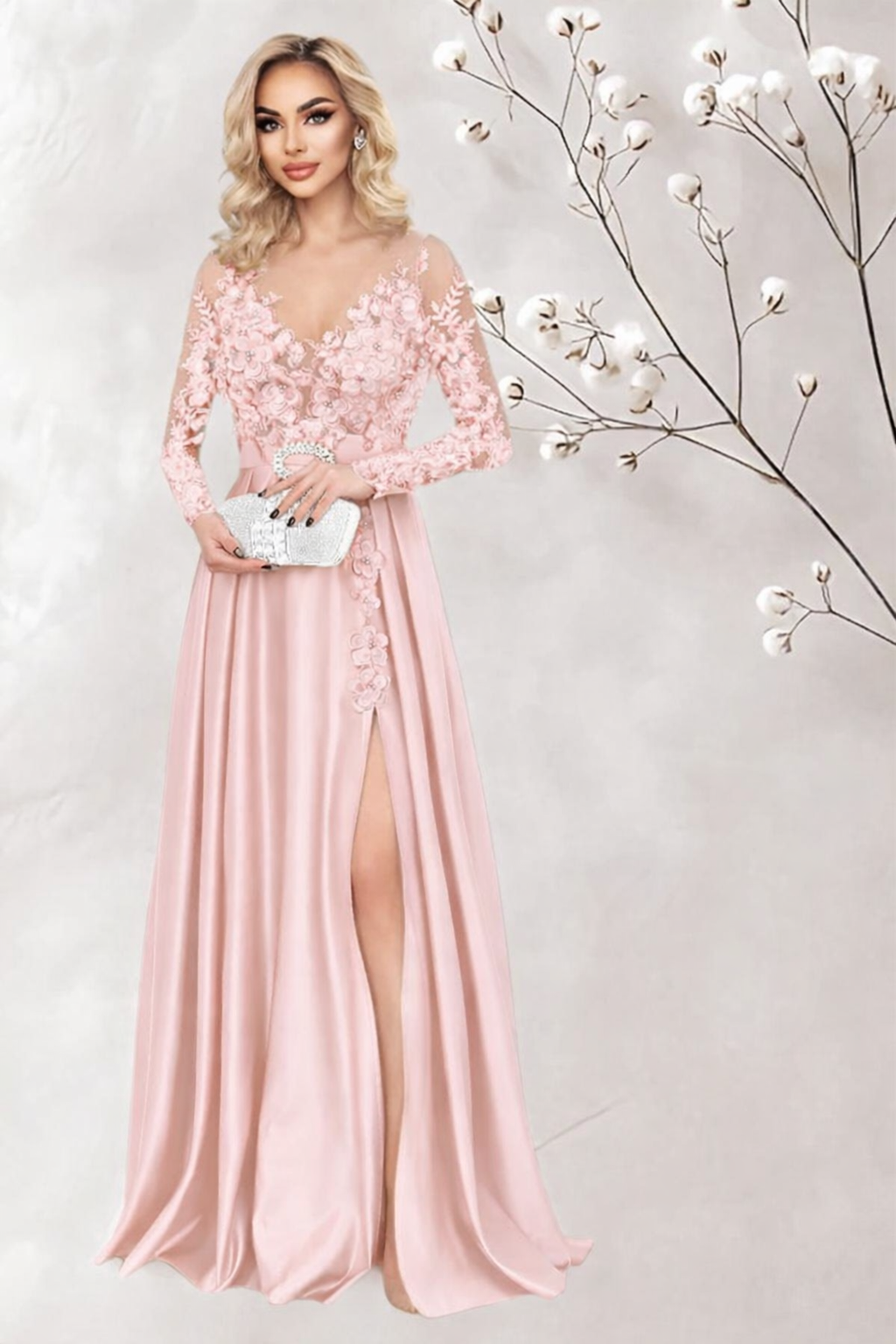 Rochie lunga din tafta roz cu dantela 3D AnaSofia