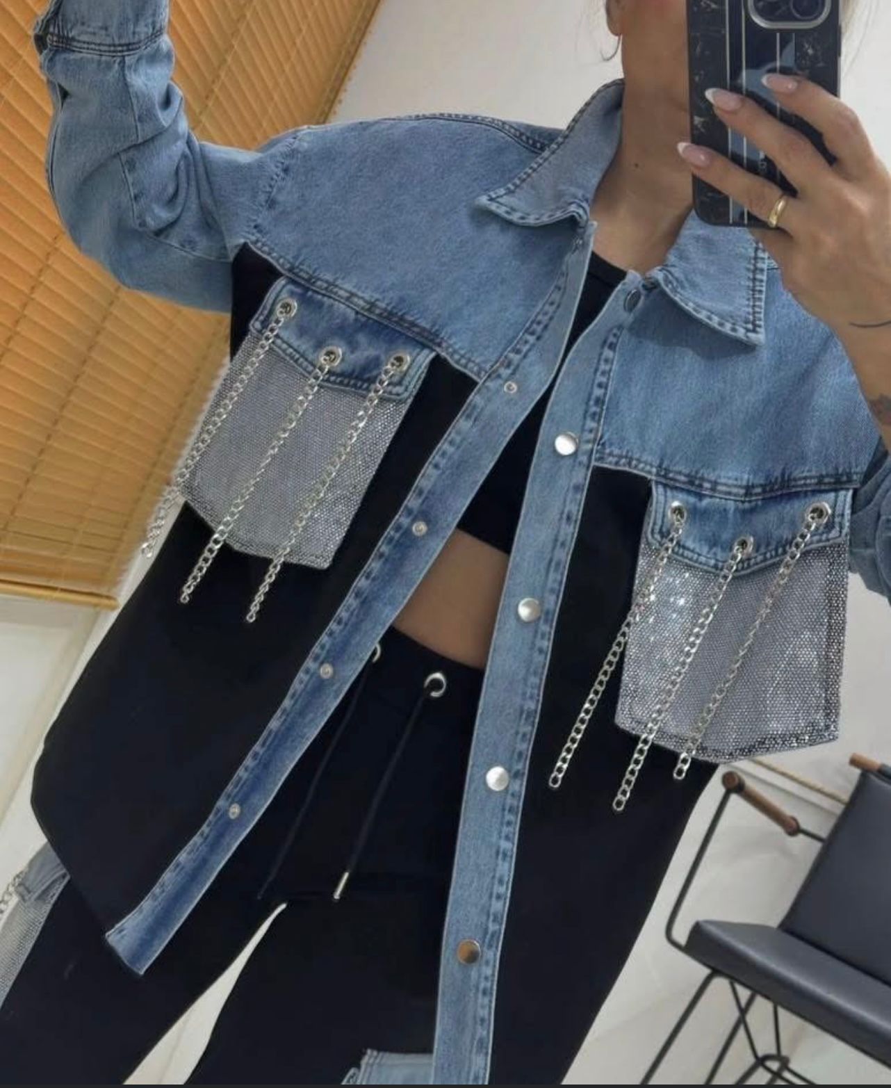 Camasa tip jacheta cu insertii denim si cristale