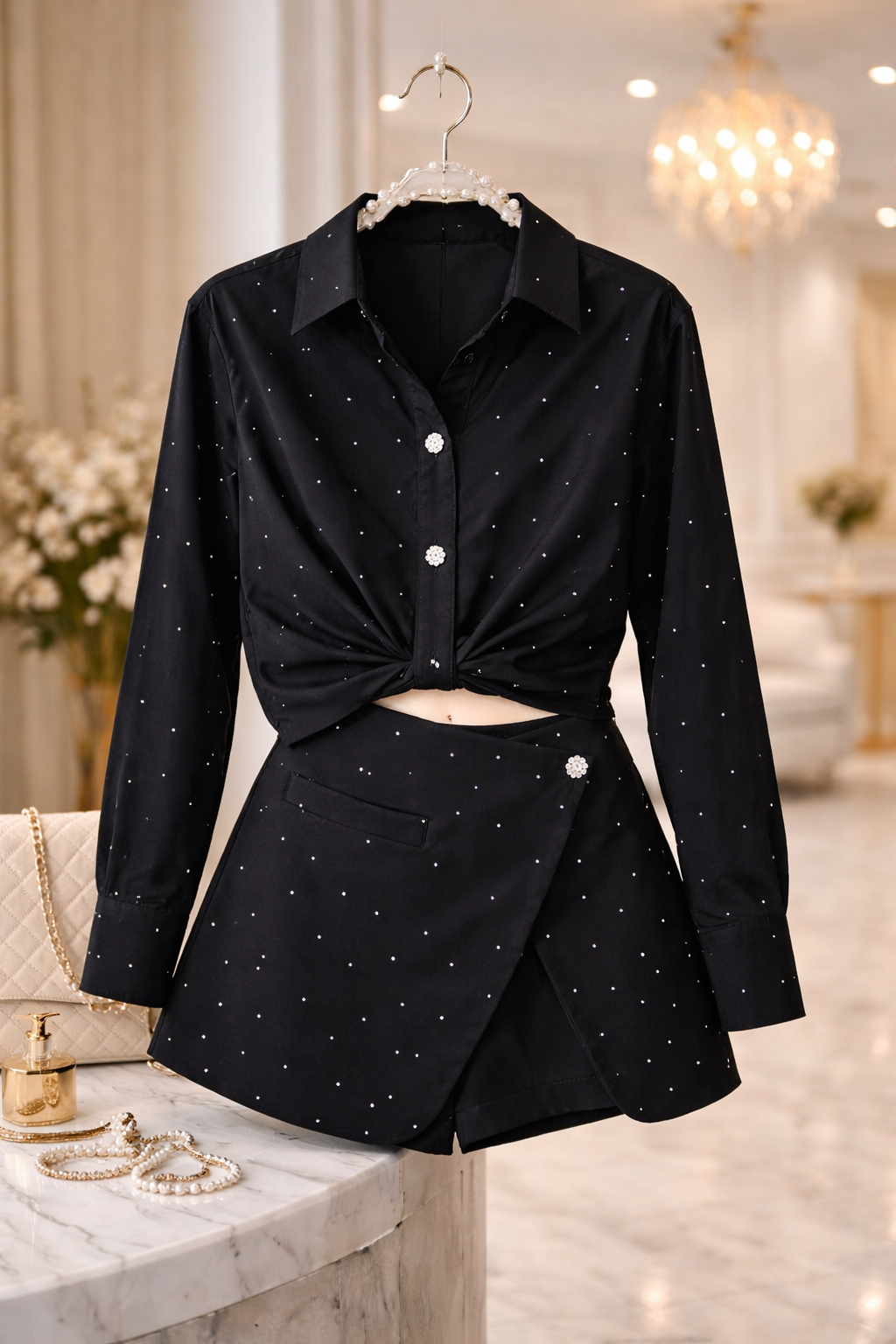 Compleu damă elegant 2 piese – Cămașă cu nasturi decorativi și fustă pantalon