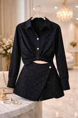 Compleu damă elegant 2 piese – Cămașă cu nasturi decorativi și fustă pantalon