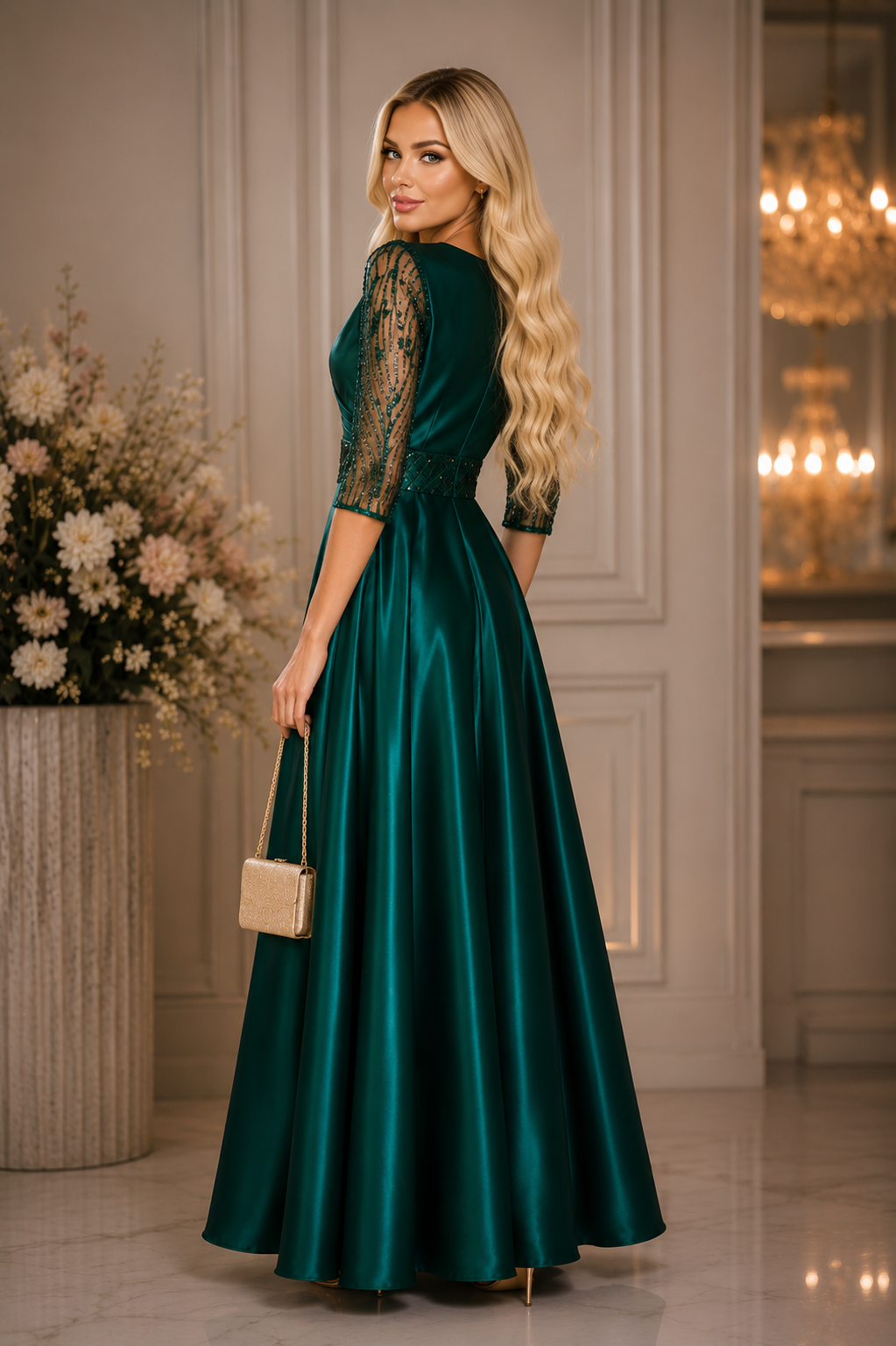 Rochie lunga eleganta din tafta verde smarald si maneci din dantela brodata Adria