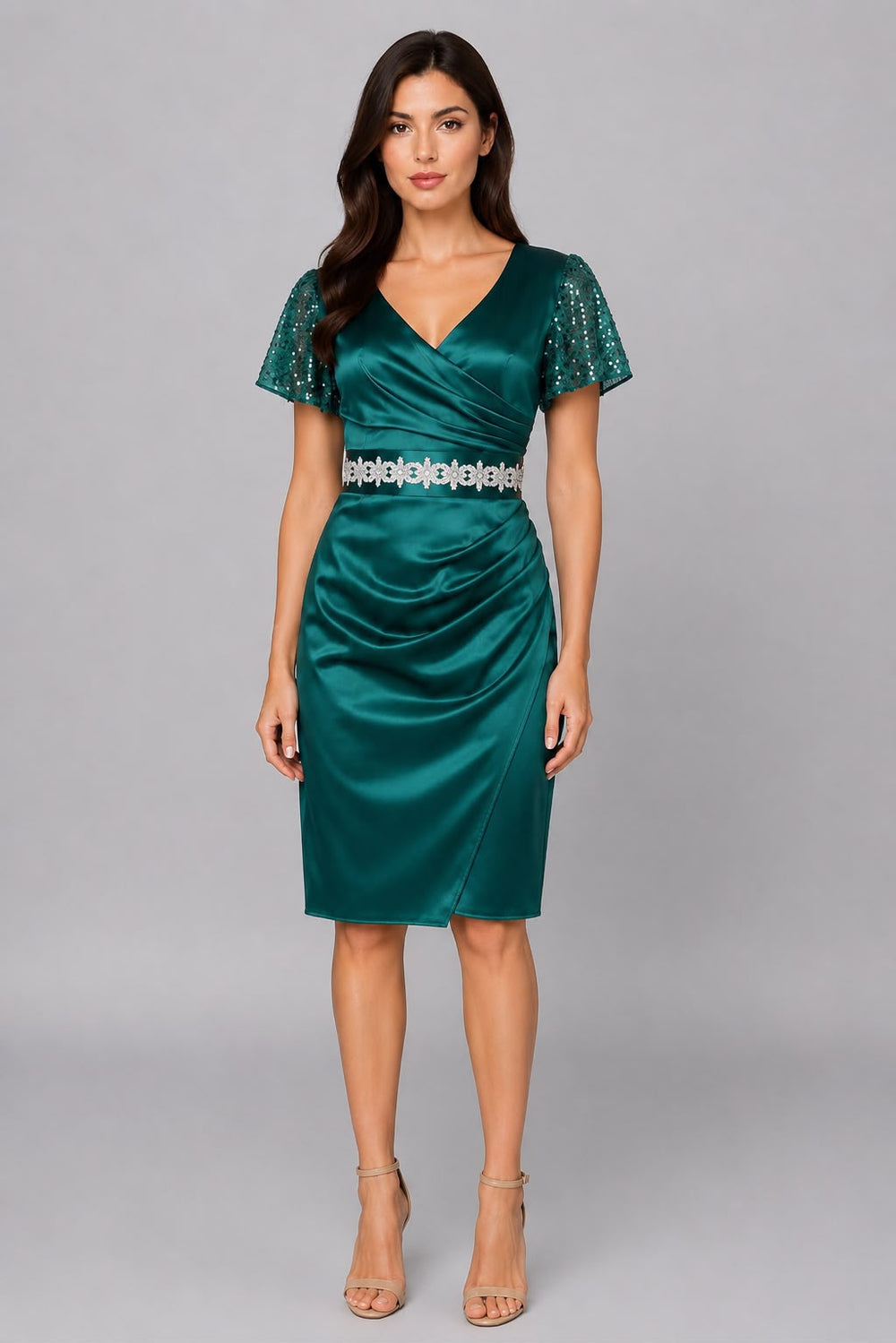 Rochie Atena -tafta verde smarald cu aplicatii stralucitoare