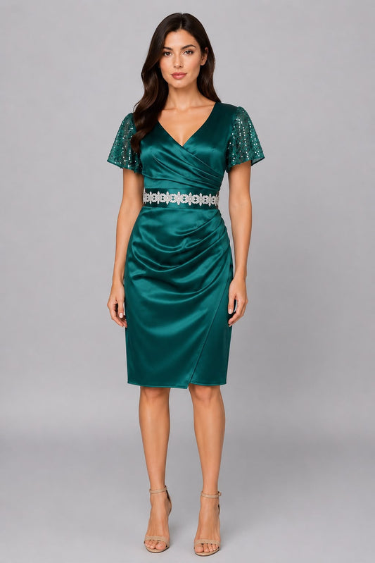 Rochie Atena -tafta verde smarald cu aplicatii stralucitoare