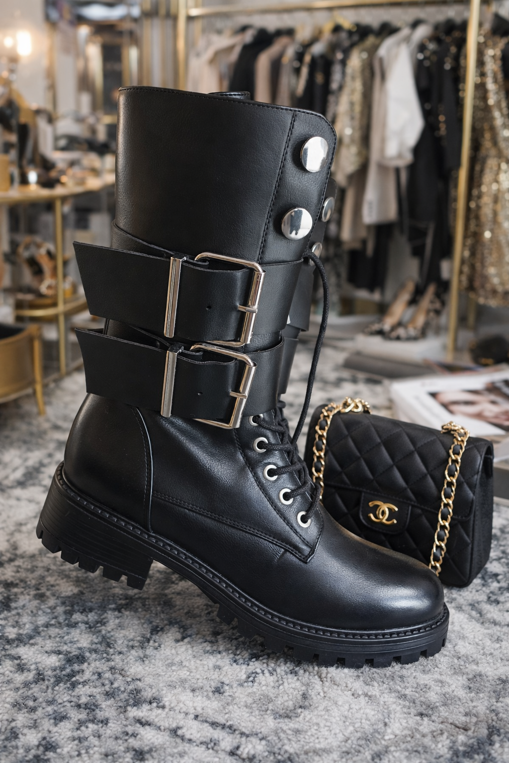 Ghete Negre Statement cu Barete Metalice – Stil Urban Luxury