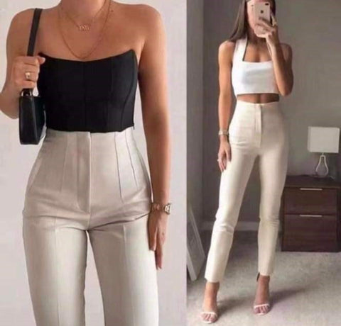 Pantalon bej cu talie inalta Caroline